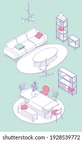 Isometric living room, dining room. Vector illustration in flat design, isolated. Outlined, linear style.