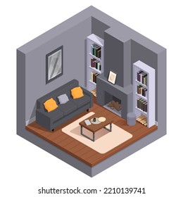 isometric living room with furniture and fireplace, vector illustration