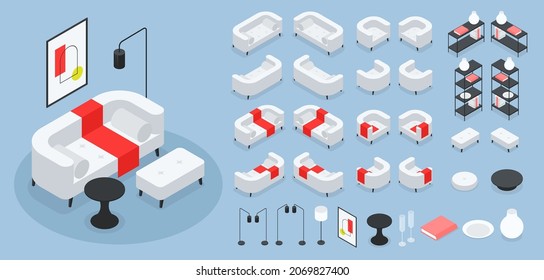 Isometric living room furniture set vector illustration. Furnishing kit with couch, sofa, armchair, light lamp, coffee table, shelves, wall picture, dishes, crockery. Two mirror projection of objects