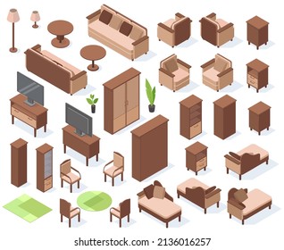 Isometric living room furniture, sofa, chair, couch and table. Apartment elements with modern renovation vector illustration set. Armchair and coffee table. Couch furniture and sofa isometric