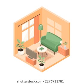 Isometric living room. Green sofa, lamppa and houseplant. Modern and minimalist interior. Project, template and layout. Set of furniture for comfort and coziness. Cartoon 3D vector illustration