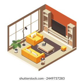 Isometric living room interior. Cartoon apartment with furniture, modern domestic room with sofa and armchair, home interior design. Vector illustration. Television with book shelves and coffee table