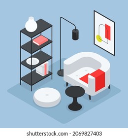 Isometric living room interior design vector illustration. Comfortable residential apartment furnishing for domestic relaxation. Cozy armchair, book shelf, floor lamp, coffee table and wall picture