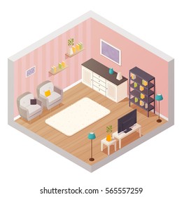Isometric living room interior design composition with cartoon icons of furniture items shelves and plants materials vector illustration