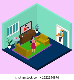 Isometric living room interior with a male vector concept delivering food to women. Vector illustration
