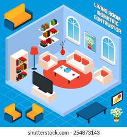 Isometric living room interior set with 3d furniture and domestic elements vector illustration