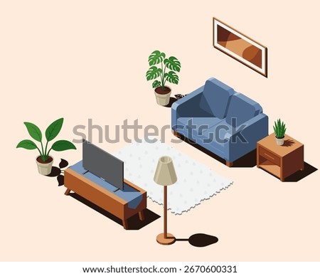 Isometric living room. Living room interior. TV with sofa, table, and other living room equipment. Isometric home furniture. Isometric home room