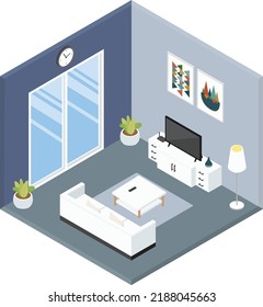 Isometric Living Room with Large Windows and TV