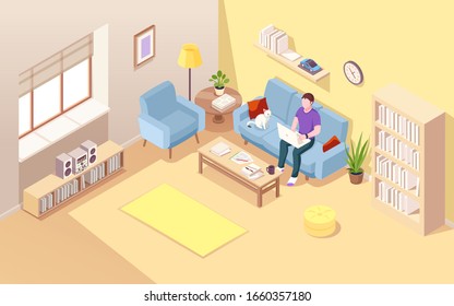 Isometric living room with man freelancer and notebook. Boy doing freelance job at sofa. Remote worker on couch with cat and cup of coffee. Home office for lad. Interior with worker.