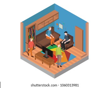 Isometric living room with Isometric people table and , tv , furniture, sofa , bookshelf