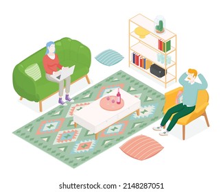 Isometric living room with people. Vector illustration flat design isolated. Male and female characters. Drink, beverage, meeting, friends, wine, laptop, work from home.