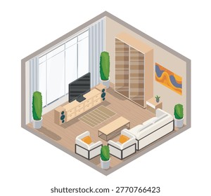 Isometric living room with sofa, chairs, TV stand, plants and wall art shown in clean isometric style on light interior background, concept of modern home comfort. Hand-drawn vector illustration