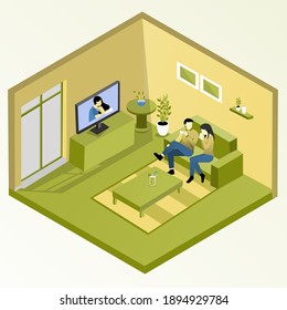 isometric living room with sofa, table cupboard and other furniture. vector illustration