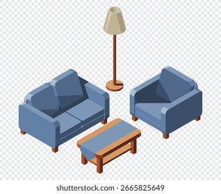Isometric living room. Isometric sofa, table, and lamp. Living room furniture. Isometric home furniture