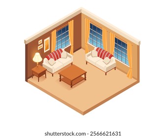 Isometric living room with two sofas, coffee table, and large windows with orange curtains. Ideal for real estate promotions, interior design projects, or home decor advertising. Vector illustration