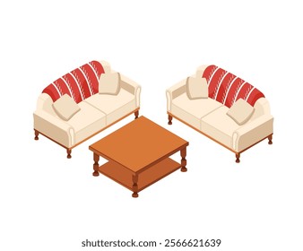 Isometric living room with two sofas and coffee table. Ideal for furniture advertisements, home decor visuals, or real estate marketing. Vector illustration isolated on white background