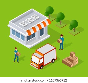 Isometric loader worker in trousers and shirt with box business concept