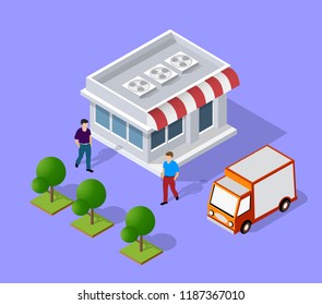 Isometric loader worker in trousers and shirt with box business concept