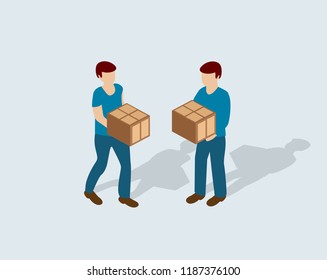 Isometric loader worker in trousers and shirt with box business concept
