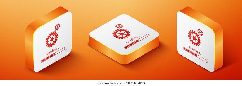 Isometric Loading y el icono de engranaje aislados en el fondo naranja. Icono de barra de progreso. Actualización del software del sistema. Cargando símbolo de proceso. Botón cuadrado naranja. Vector.