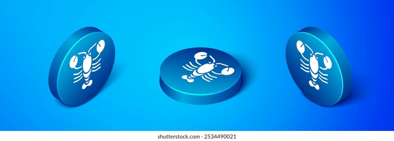 Isometric Lobster icon isolated on blue background. Blue circle button. Vector