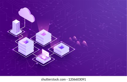 Isometric local servers and laptop connected with cloud server on purple neural network background for cloud storage or big data analysis concept.