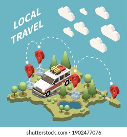 Isometric local travel concept with tourist van and marked destination points 3d vector illustration
