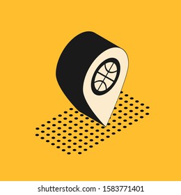 Isometric Location with basketball ball inside icon isolated on yellow background.  Vector Illustration