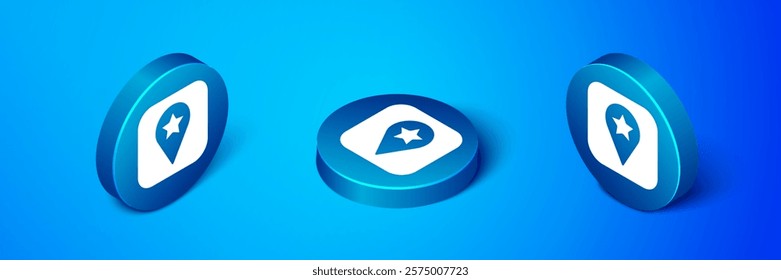 Isometric Location for camping or tours and travels icon isolated on blue background. Blue circle button. Vector