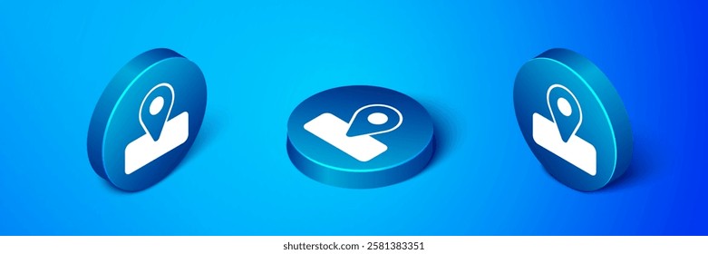 Isometric Location for camping or tours and travels icon isolated on blue background. Blue circle button. Vector