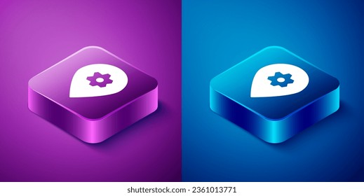 Isometric Location with car service icon isolated on blue and purple background. Auto mechanic service. Repair service auto mechanic. Square button. Vector Illustration