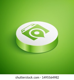 Isometric Location with cardboard box icon isolated on green background. Delivery services, logistic and transportation, relocation, distribution. White circle button. Vector Illustration