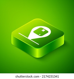 Ubicación isométrica con el icono de la caja de cartón aislado en el fondo verde. Servicios de entrega, logística y transporte, distribución. Botón cuadrado verde. Vector