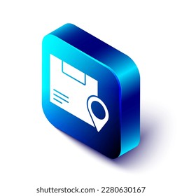 Ubicación isométrica con el icono de la caja de cartón aislado en el fondo blanco. Servicios de entrega, logística y transporte, distribución. Botón cuadrado azul. Ilustración vectorial