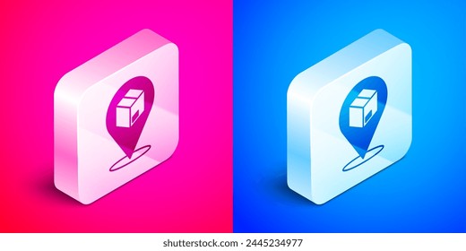 Isometric Location with cardboard box icon isolated on pink and blue background. Delivery services, logistic and transportation, distribution. Silver square button. Vector