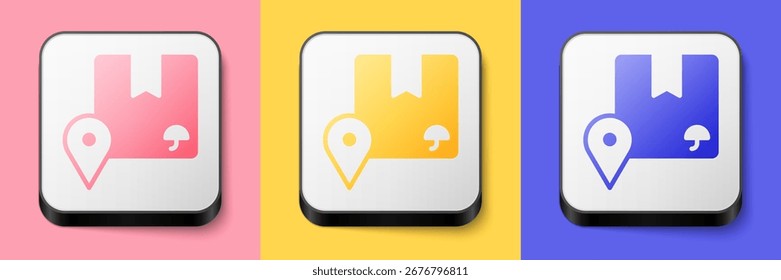 Locación isométrica con el icono de la caja de cartón aislado en el fondo rosado, amarillo y azul. Servicios de entrega, logística y transporte, distribución. Botón cuadrado. Vector