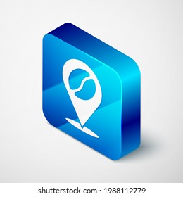 Isometric Location with coffee bean icon isolated on grey background. Blue square button. Vector