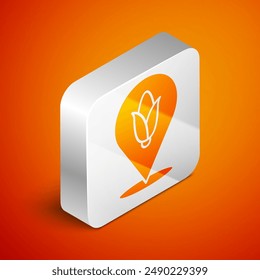 Isometric Location corn icon isolated on orange background. Silver square button. Vector