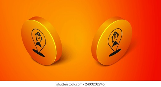 Isometric Location fishing icon isolated on orange background. Fishing place. Orange circle button. Vector