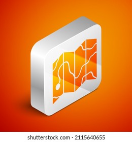 Isometric Location of the forest on a map icon isolated on orange background. Silver square button. Vector Illustration