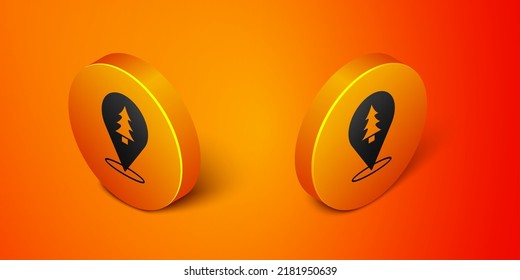 Isometric Location of the forest on a map icon isolated on orange background. Orange circle button. Vector
