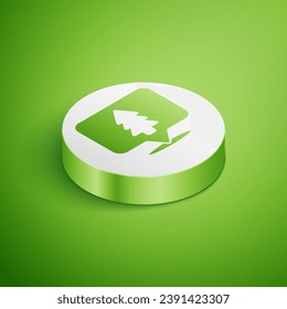 Isometric Location of the forest on a map icon isolated on green background. White circle button. Vector Illustration