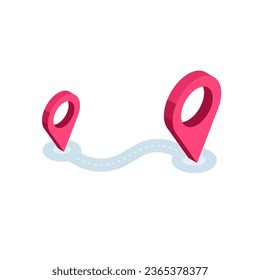 isometric location icons at two ends of the road, in color on a white background, route on the map
