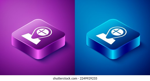 Isometric Location marker with round flag nation of Iceland con isolated on blue and purple background. Square button. Vector
