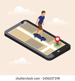 Isometric location. Mobile geo tracking. Man riding a skateboard. Mobile geo tracking. Map.