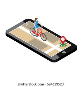 Isometric location. Mobile geo tracking. Female cyclist riding on a bicycle. Map