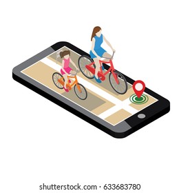Isometric location. Mobile geo tracking. Mother and doughter cyclists riding on a bicycle. Map