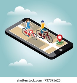 Isometric location. Mobile geo tracking. Female and male cyclists riding on a bicycle. Map