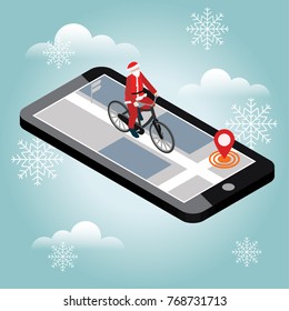 Isometric location. Mobile geo tracking. Santa Claus on a bike. Map
