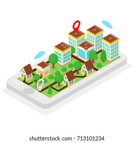 Isometric location, mobile phone with city on it's screen, gps concept